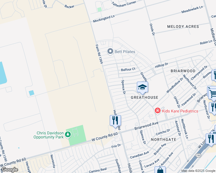 map of restaurants, bars, coffee shops, grocery stores, and more near Holiday Hill Road in Midland