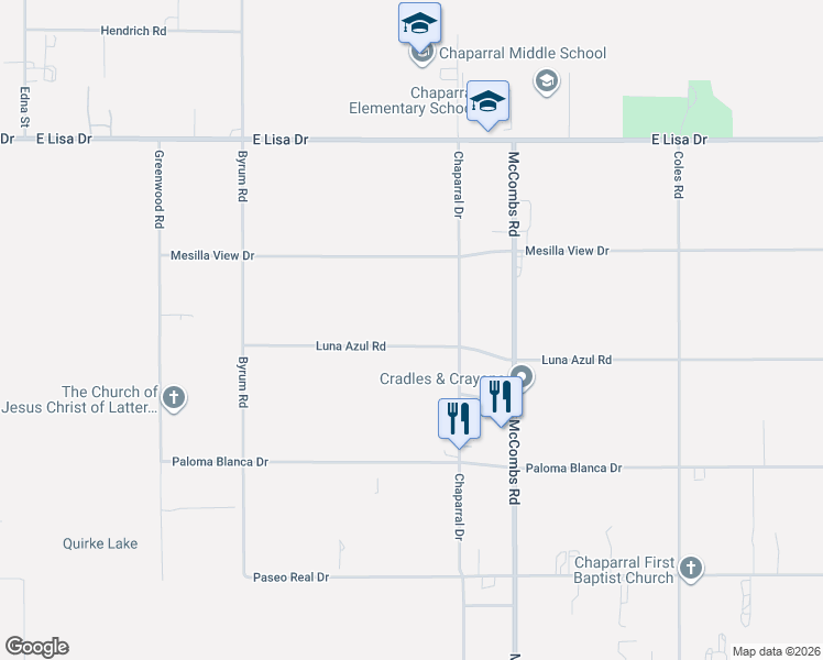 map of restaurants, bars, coffee shops, grocery stores, and more near 200-298 Luna Azul Dr in Chaparral