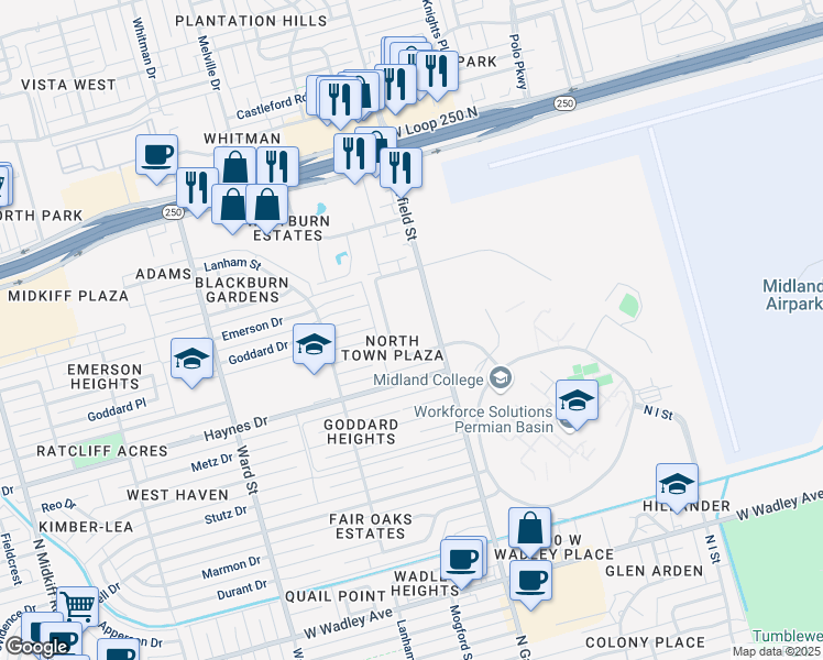 map of restaurants, bars, coffee shops, grocery stores, and more near 4305 North Garfield Street in Midland