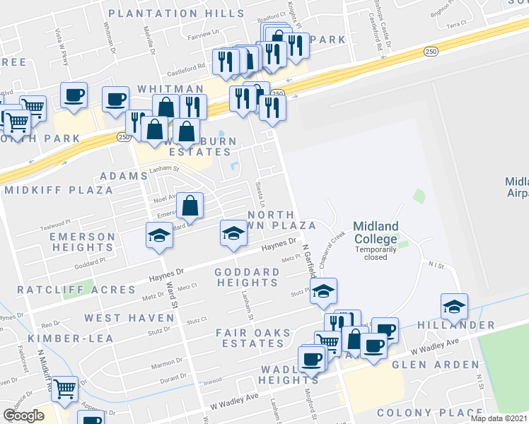 map of restaurants, bars, coffee shops, grocery stores, and more near 4219 Siesta Lane in Midland
