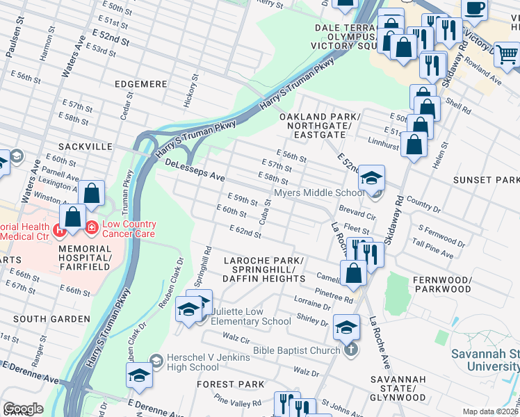 map of restaurants, bars, coffee shops, grocery stores, and more near 2225 DeLesseps Avenue in Savannah