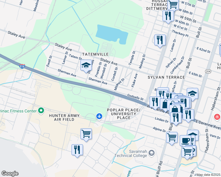 map of restaurants, bars, coffee shops, grocery stores, and more near 816 Sherman Avenue in Savannah