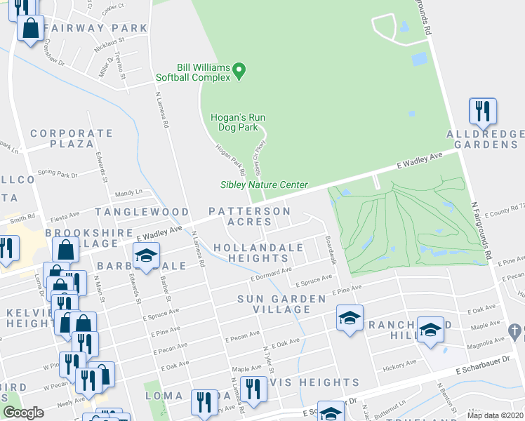 map of restaurants, bars, coffee shops, grocery stores, and more near 3214 Carver Street in Midland