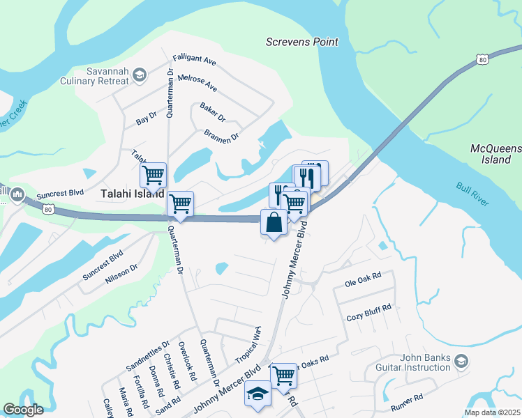 map of restaurants, bars, coffee shops, grocery stores, and more near 7802 U.S. 80 in Savannah