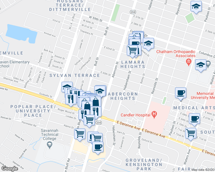 map of restaurants, bars, coffee shops, grocery stores, and more near 102 East 66th Street in Savannah
