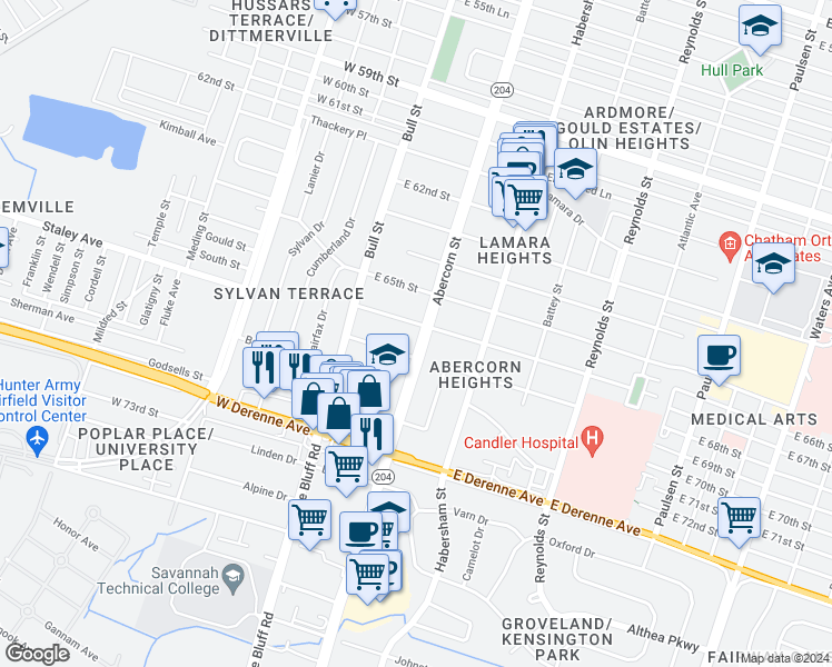 map of restaurants, bars, coffee shops, grocery stores, and more near 53 East 66th Street in Savannah