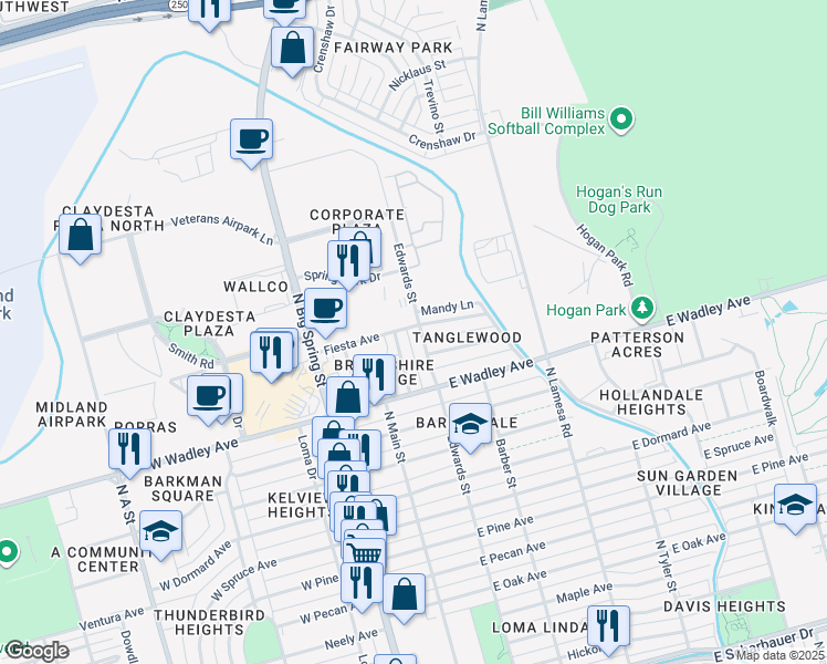 map of restaurants, bars, coffee shops, grocery stores, and more near 3405 Edwards Street in Midland