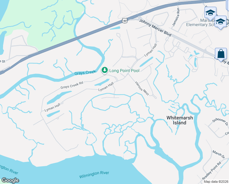 map of restaurants, bars, coffee shops, grocery stores, and more near Key Island Drive in Whitemarsh Island