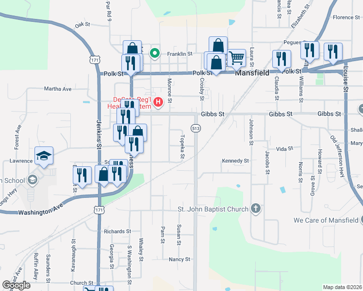 map of restaurants, bars, coffee shops, grocery stores, and more near 502 Topeka St in Mansfield