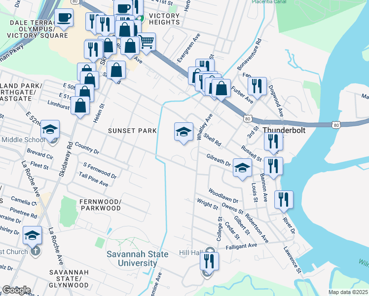 map of restaurants, bars, coffee shops, grocery stores, and more near 3012 Sunset Boulevard in Thunderbolt
