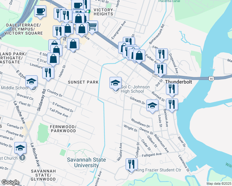 map of restaurants, bars, coffee shops, grocery stores, and more near 3012 Sunset Boulevard in Thunderbolt