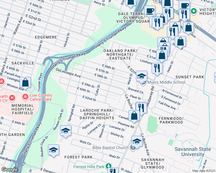 map of restaurants, bars, coffee shops, grocery stores, and more near 2128 DeLesseps Avenue in Savannah