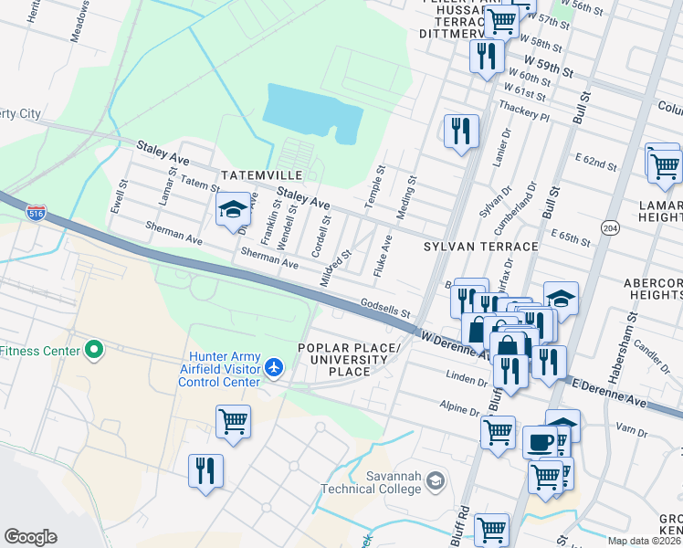 map of restaurants, bars, coffee shops, grocery stores, and more near 370 Sherman Avenue in Savannah
