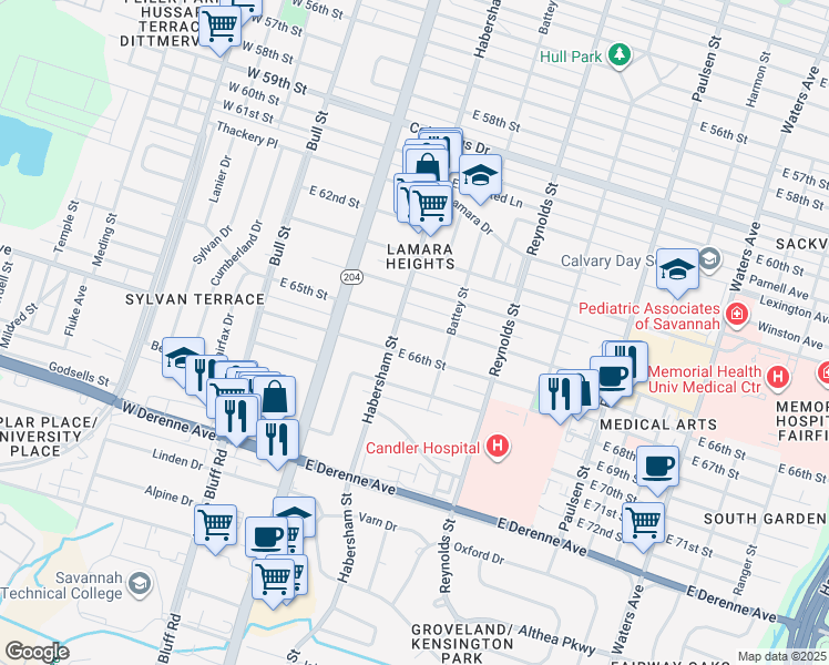 map of restaurants, bars, coffee shops, grocery stores, and more near 205 East 65th Street in Savannah