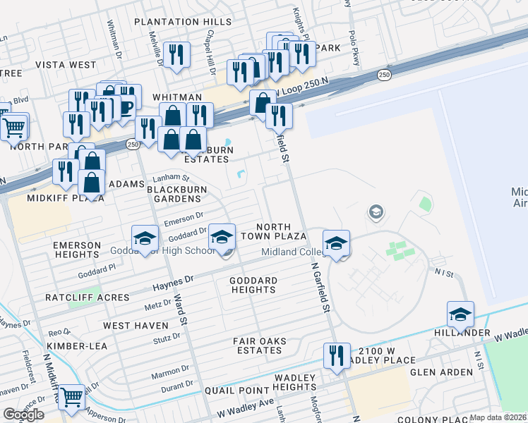 map of restaurants, bars, coffee shops, grocery stores, and more near 2404 Northtown Court in Midland