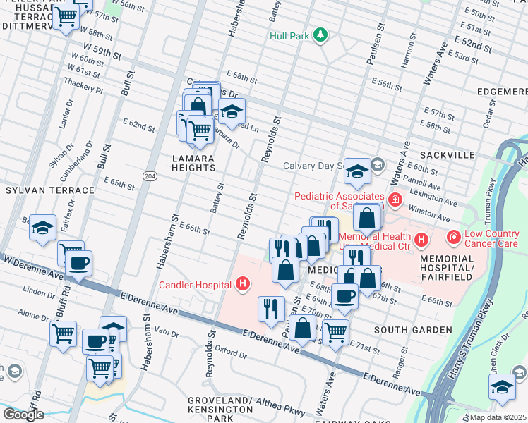 map of restaurants, bars, coffee shops, grocery stores, and more near 407 East 64th Street in Savannah