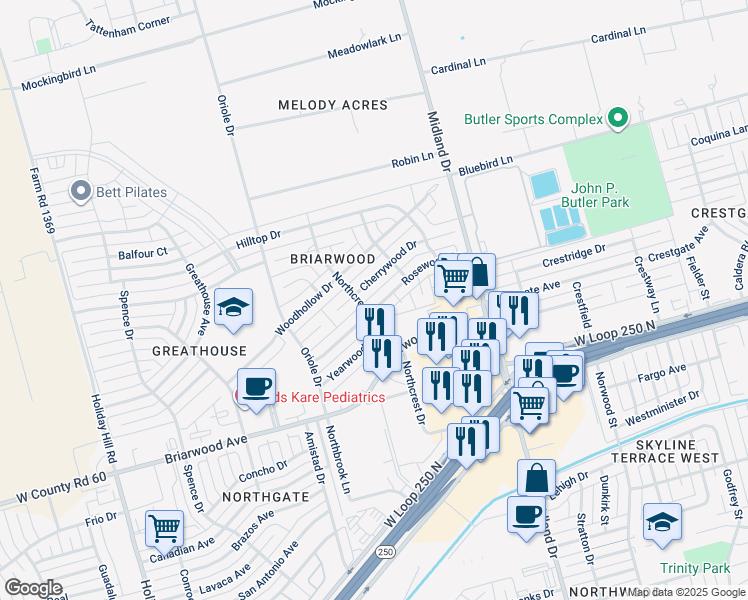 map of restaurants, bars, coffee shops, grocery stores, and more near 4620 Rosewood Drive in Midland