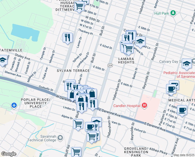 map of restaurants, bars, coffee shops, grocery stores, and more near 31 East 66th Street in Savannah