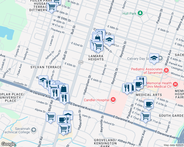 map of restaurants, bars, coffee shops, grocery stores, and more near 205 East 65th Street in Savannah