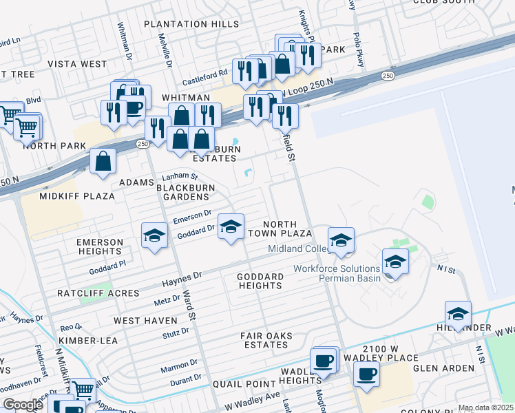 map of restaurants, bars, coffee shops, grocery stores, and more near 2404 Northtown Ct in Midland