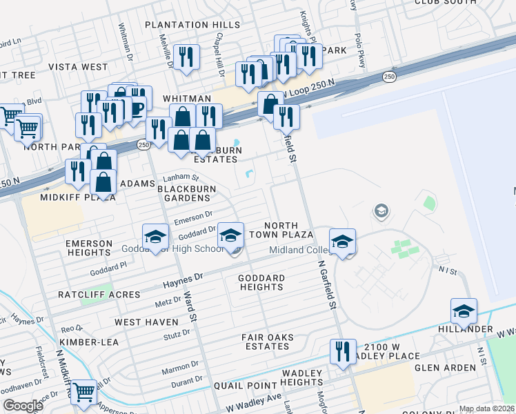 map of restaurants, bars, coffee shops, grocery stores, and more near 2404 Northtown Court in Midland