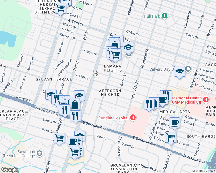 map of restaurants, bars, coffee shops, grocery stores, and more near 205 East 65th Street in Savannah