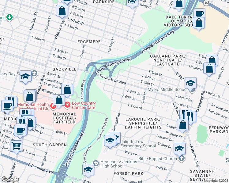 map of restaurants, bars, coffee shops, grocery stores, and more near 1802 East 60th Street in Savannah