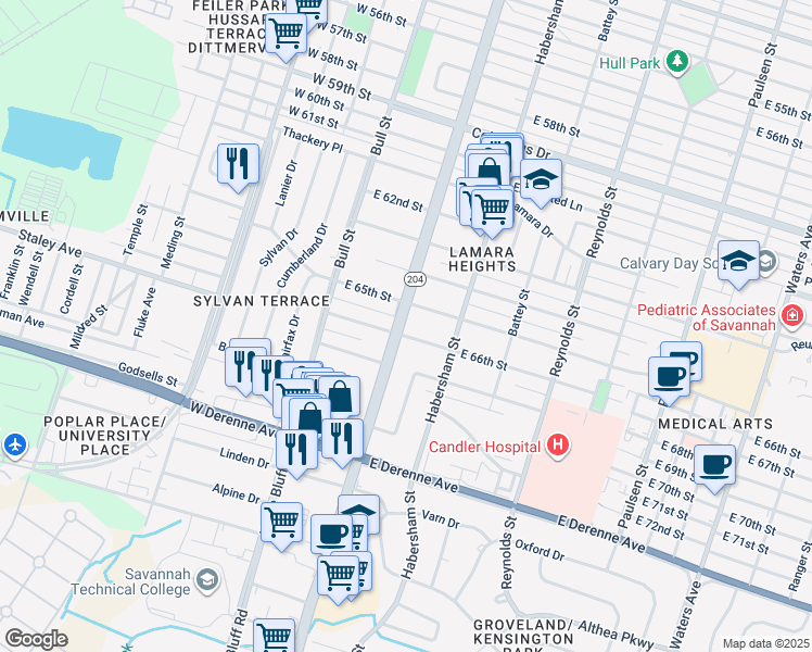 map of restaurants, bars, coffee shops, grocery stores, and more near 102 East 66th Street in Savannah