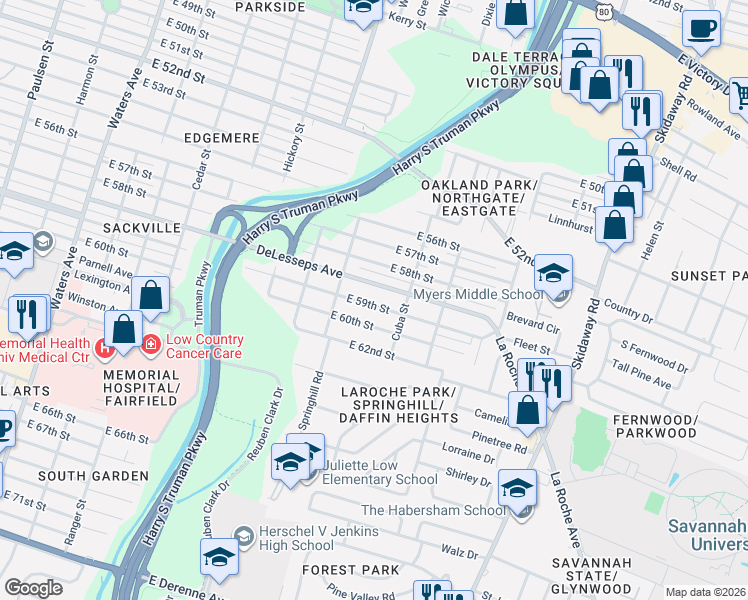 map of restaurants, bars, coffee shops, grocery stores, and more near 2002 East 59th Street in Savannah