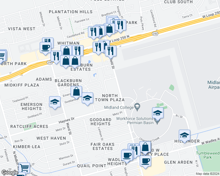 map of restaurants, bars, coffee shops, grocery stores, and more near 4305 North Garfield Street in Midland