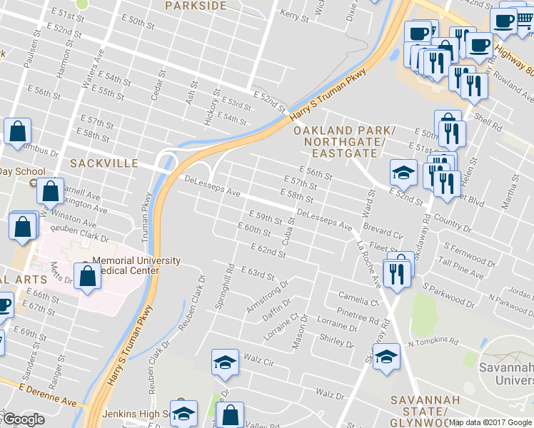 map of restaurants, bars, coffee shops, grocery stores, and more near 1922 E 59th St in Savannah