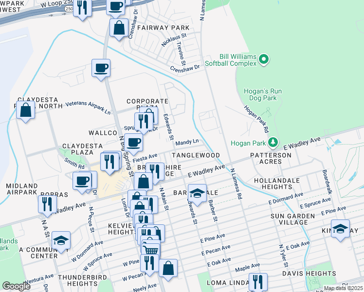 map of restaurants, bars, coffee shops, grocery stores, and more near 305 Fiesta Avenue in Midland