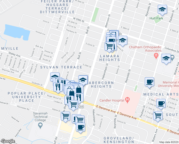 map of restaurants, bars, coffee shops, grocery stores, and more near 102 East 66th Street in Savannah