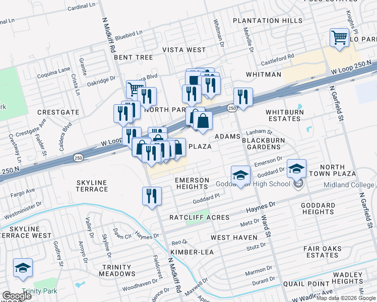 map of restaurants, bars, coffee shops, grocery stores, and more near Courtyard Drive in Midland