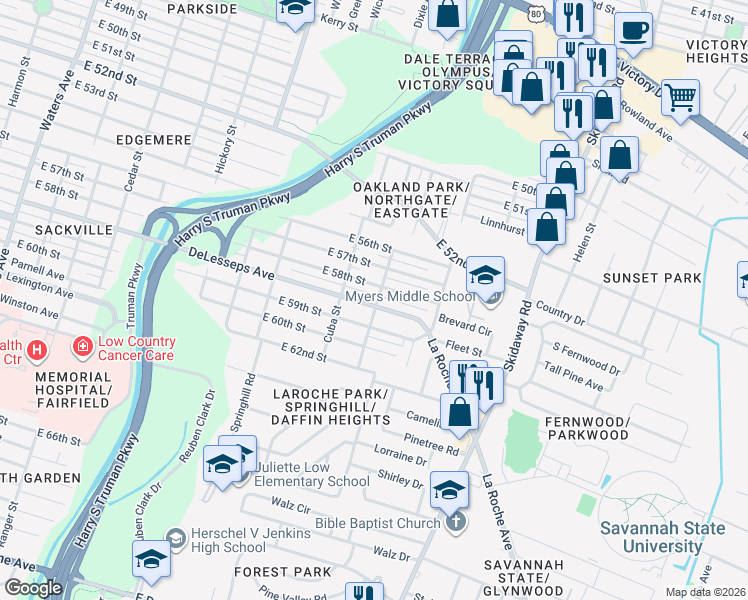 map of restaurants, bars, coffee shops, grocery stores, and more near 2128 DeLesseps Avenue in Savannah