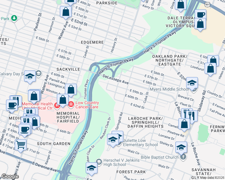 map of restaurants, bars, coffee shops, grocery stores, and more near 1802 East 60th Street in Savannah