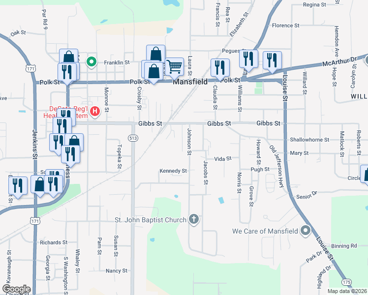 map of restaurants, bars, coffee shops, grocery stores, and more near 312 Johnson Street in Mansfield