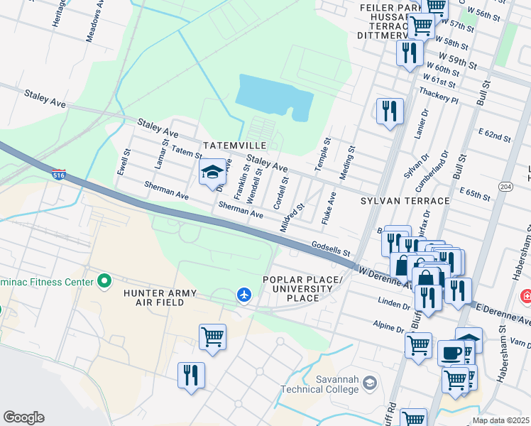 map of restaurants, bars, coffee shops, grocery stores, and more near 816 Sherman Avenue in Savannah