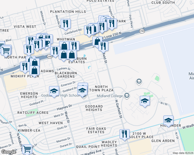 map of restaurants, bars, coffee shops, grocery stores, and more near 2404 Northtown Court in Midland