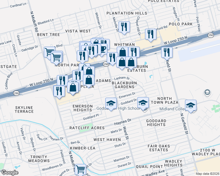 map of restaurants, bars, coffee shops, grocery stores, and more near 2800 Andover Avenue in Midland