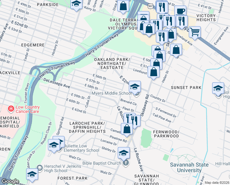 map of restaurants, bars, coffee shops, grocery stores, and more near 2218 East 58th Street in Savannah