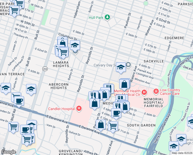 map of restaurants, bars, coffee shops, grocery stores, and more near 502 East 64th Street in Savannah