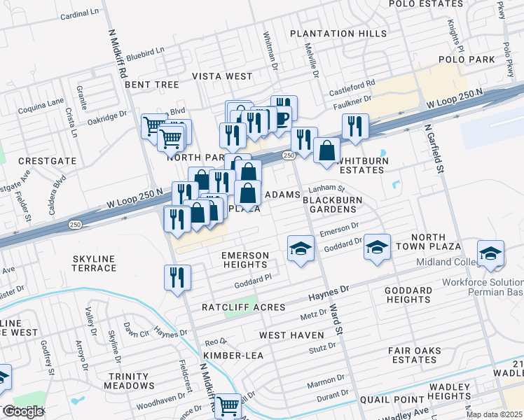 map of restaurants, bars, coffee shops, grocery stores, and more near 4601 Lanham Street in Midland