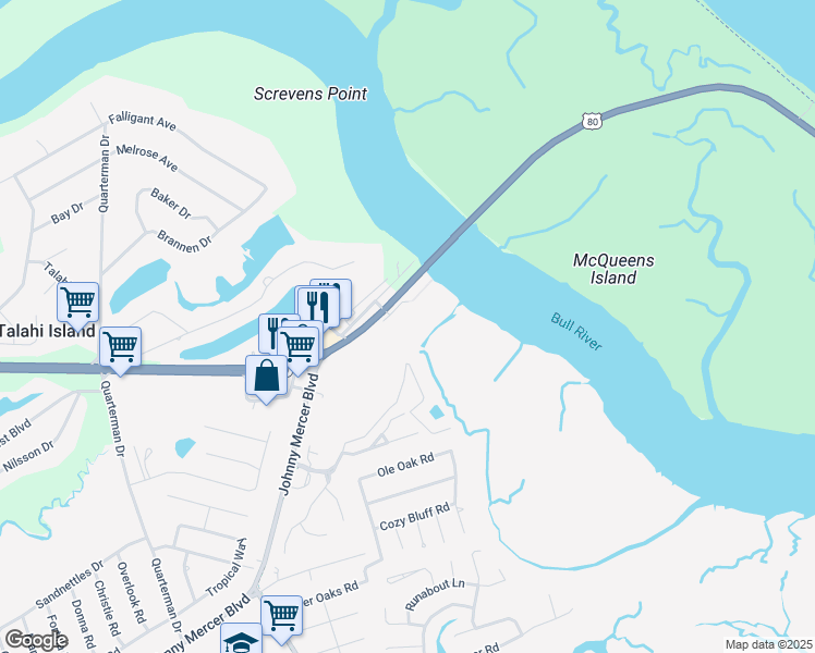 map of restaurants, bars, coffee shops, grocery stores, and more near 8005 U.S. 80 in Savannah