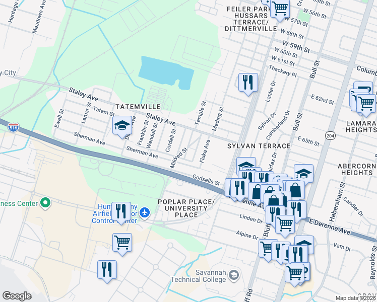 map of restaurants, bars, coffee shops, grocery stores, and more near 370 Sherman Avenue in Savannah