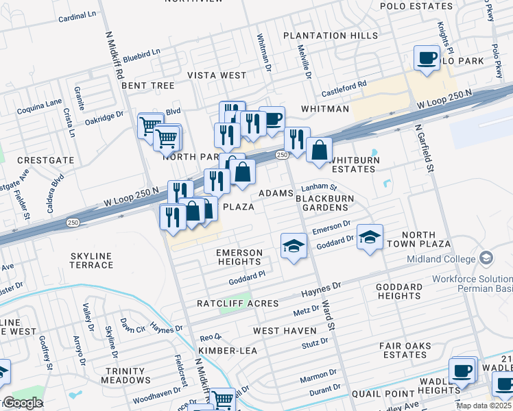 map of restaurants, bars, coffee shops, grocery stores, and more near 4601 Lanham Street in Midland