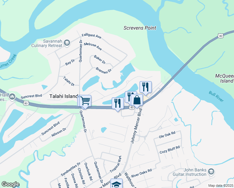 map of restaurants, bars, coffee shops, grocery stores, and more near 7802 U.S. 80 in Savannah