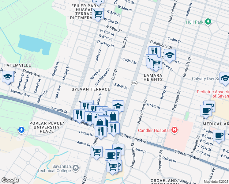 map of restaurants, bars, coffee shops, grocery stores, and more near 31 East 66th Street in Savannah