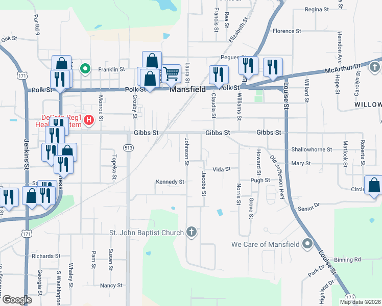 map of restaurants, bars, coffee shops, grocery stores, and more near 312 Johnson Street in Mansfield