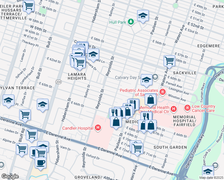 map of restaurants, bars, coffee shops, grocery stores, and more near 407 East 64th Street in Savannah